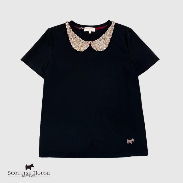 【SCOTTISH HOUSE】花縫珠領短袖涼感T恤-黑/米白 CHT11258