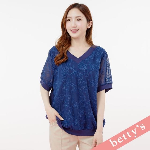 【betty’s 貝蒂思】花花刺繡紗V領T-shirt(深藍)