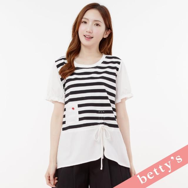 【betty’s 貝蒂思】條紋拼接造型抽繩長版T-shirt(黑色)