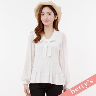 【betty’s 貝蒂思】泡泡雪紡袖拼接直紋綁帶針織上衣(白色)