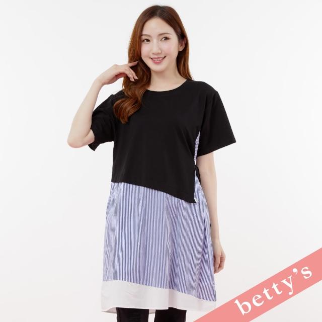【betty’s 貝蒂思】直條紋拼接綁帶長版T-shirt(黑色)