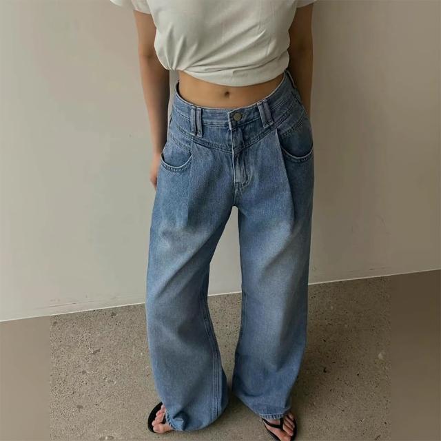【SeasonsBikini】韓製寬鬆落地線條牛仔寬褲 -KK34(寬鬆牛仔寬褲落地褲)