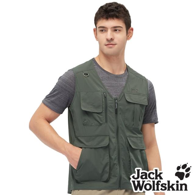 【Jack wolfskin 飛狼】男 機能多口袋透氣網布拼接背心 釣魚背心(軍綠)