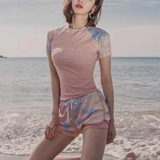 【SeasonsBikini】三色修身短袖泳裝泳衣M-3XL粉色 -785(短袖泳裝顯瘦泳裝兩件式泳裝)
