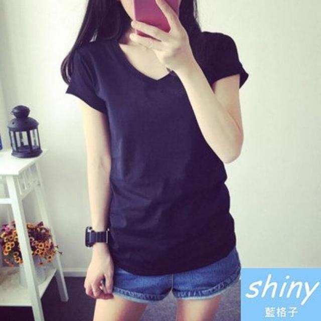 【Shiny 藍格子】純色修身顯瘦V領短袖T恤上衣 V8030 現+預(女裝)