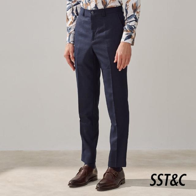 【SST&C 新品９折】海軍藍紋理可機洗修身版西裝褲0212309006