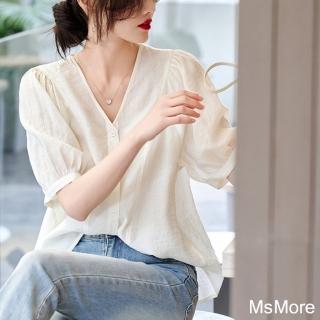 【MsMore】時尚復古法式V領短袖通勤簡約米白襯衫短版上衣#121760(米白)