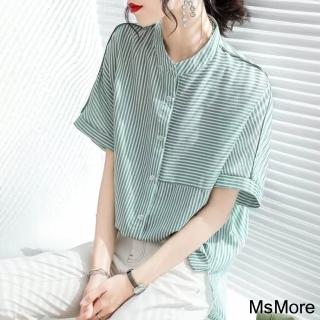【MsMore】後背印花綠條紋拼接寬鬆時尚短袖襯衫簡約休閒短版上衣#121765(綠)