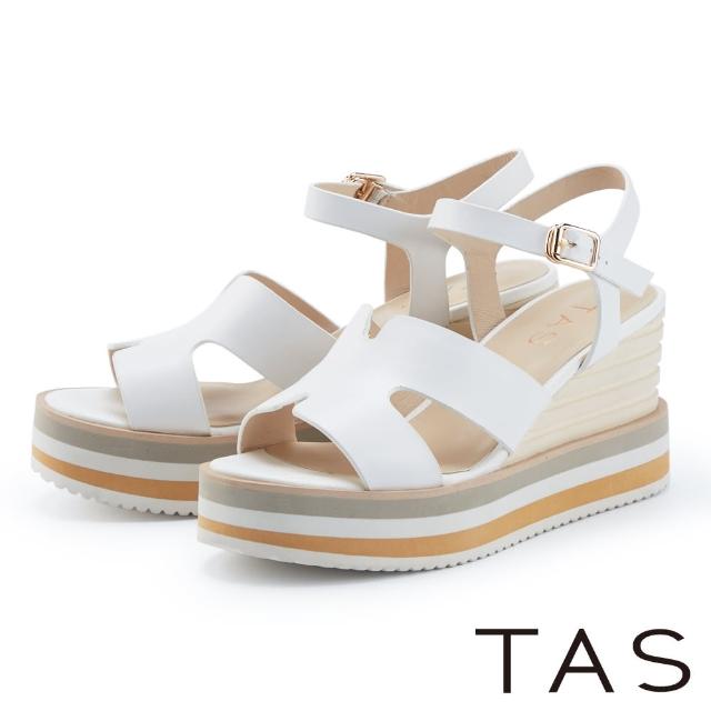 【TAS】一字簍空牛皮高跟楔型涼鞋(米白)