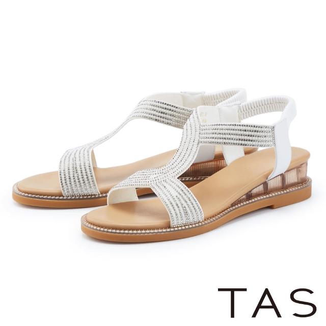 【TAS】波希米亞水鑽真皮楔型涼鞋(白色)