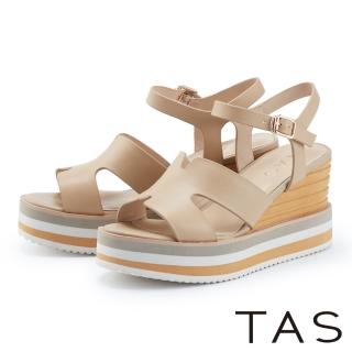 【TAS】一字簍空牛皮高跟楔型涼鞋(可可)