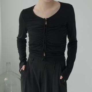【Queenshop】女裝 長袖 前抓皺鉤釦設計合身上衣-黑 現+預 01098123