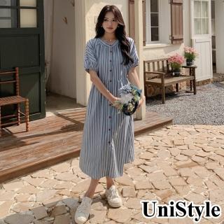 【UniStyle】文青風短袖洋裝 韓系條紋連身裙 女 ZM238-985(藍)