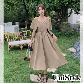 【UniStyle】2件套裝短袖小外套吊帶連身裙洋裝 韓系氣質歐妮風 女 ZM163-M129(卡其)