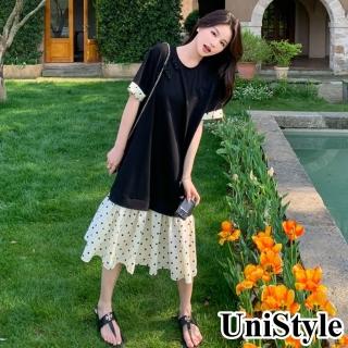 【UniStyle】復古短袖洋裝 韓版盤釦波點拼接連身裙 女 ZM080-6077(黑)