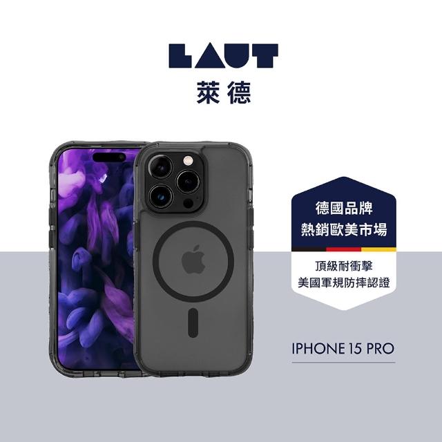 【LAUT 萊德】iPhone 15 Pro 磁吸水晶邊框軍規耐衝擊保護殼（按鍵式）-透黑(支援MagSafe功能)