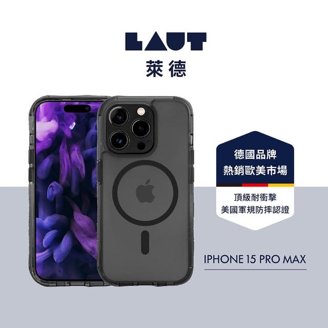 【LAUT 萊德】iPhone 15 Pro Max 磁吸水晶邊框軍規耐衝擊保護殼（按鍵式）-透黑(支援MagSafe功能)