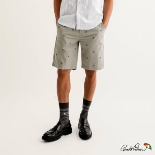 【Arnold Palmer 雨傘】男裝-滿版LOGO繡花彈性斜紋短褲(灰色)