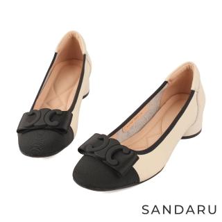 【SANDARU 山打努】跟鞋 真皮小方頭造型蝶結軟底低跟包鞋(米)