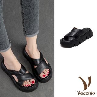 【Vecchio】真皮拖鞋 厚底拖鞋/真皮頭層牛皮交叉扭結造型厚底拖鞋(黑)