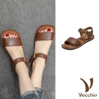 【Vecchio】真皮涼鞋 低跟涼鞋/全真皮頭層牛皮寬一字帶經典低跟涼鞋(棕)