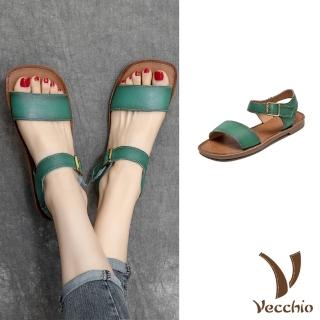 【Vecchio】真皮涼鞋 低跟涼鞋/全真皮頭層牛皮寬一字帶經典低跟涼鞋(綠)