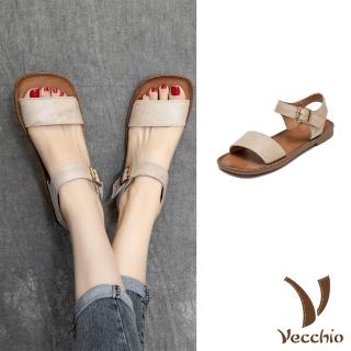 【Vecchio】真皮涼鞋 低跟涼鞋/全真皮頭層牛皮寬一字帶經典低跟涼鞋(米)