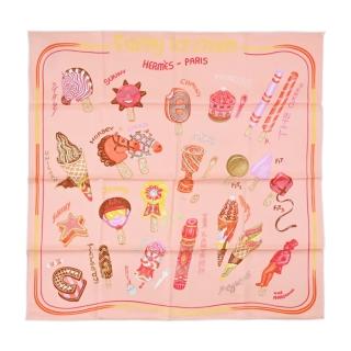 【Hermes 愛馬仕】Funny Ice Cream 70 cm手工捲邊斜紋真絲方巾(珠貝粉/珊瑚紅/黃)