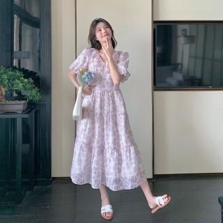 【巴黎精品】連身裙短袖洋裝(浪漫紫色碎花V領女裙子a1fc14)