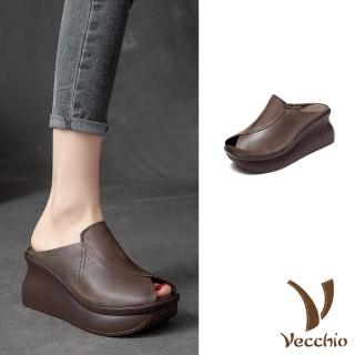 【Vecchio】真皮拖鞋 厚底拖鞋/真皮頭層牛皮魚口露趾不對稱設計坡跟厚底拖鞋(灰)