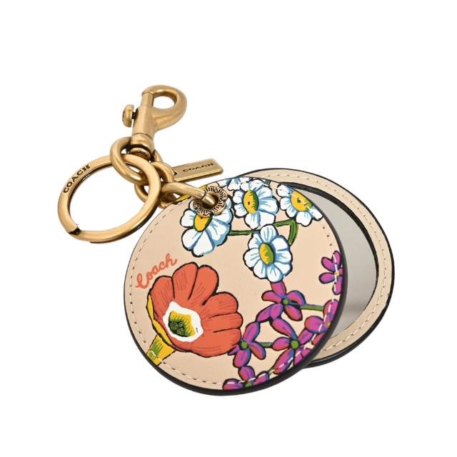 【COACH】花卉全皮隨身鏡掛扣單環鑰匙圈(米色彩印)