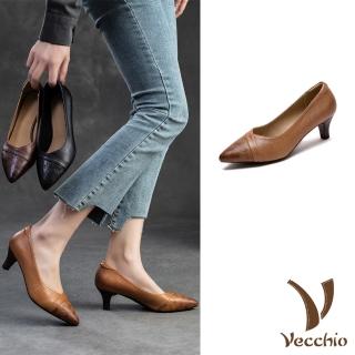 【Vecchio】真皮跟鞋 尖頭跟鞋/真皮羊皮尖頭V口復古壓花高跟鞋(黃)