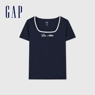 【GAP】女裝 Logo印花羅紋方領短袖T恤 女友T系列-海軍藍(465251)