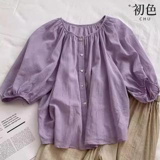 【初色】法式抽皺圓領寬鬆五分袖短袖娃娃衫襯衫上衣女上衣-紫色-34696(M-2XL可選)