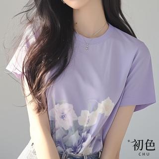 【初色】休閒簡約圓領花朵印花短袖T恤上衣女上衣-紫色-33939(M-2XL可選)