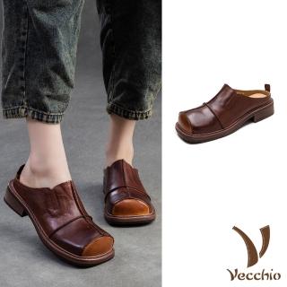 【Vecchio】真皮拖鞋 包頭拖鞋/真皮馬皮立體鞋頭復古粗跟包頭拖鞋(咖)