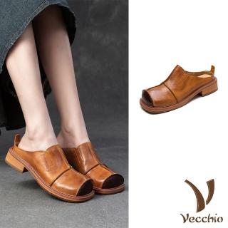 【Vecchio】真皮拖鞋 包頭拖鞋/真皮馬皮立體鞋頭復古粗跟包頭拖鞋(棕)