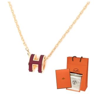 【Hermes 愛馬仕】H147992F B7 經典Mini Pop H立體簍空橢圓LOGO金邊項鍊(暗紅色)