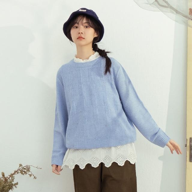 【MOSS CLUB】彩點紗立體格紋長袖針織上衣(藍 駝 灰/魅力商品)