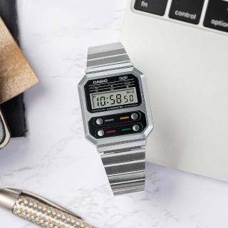 【CASIO 卡西歐】復古時光數位電子不鏽鋼腕錶/銀x黑面(A100WE-1A)