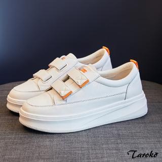 【Taroko】小清新學生風格魔鬼氈牛皮厚底小白鞋休閒鞋(3色可選)