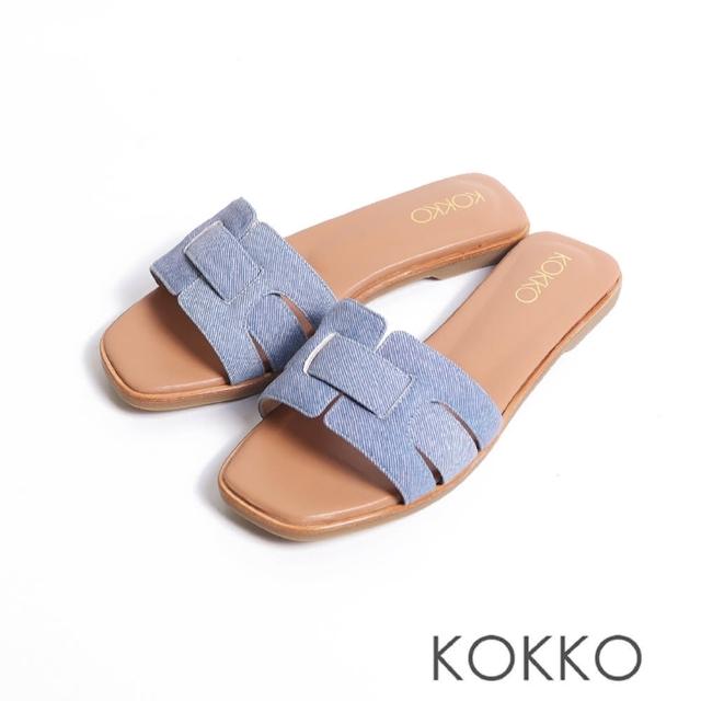 【KOKKO 集團】渡假感皮革編織平底涼拖鞋(牛仔藍)
