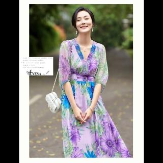 【伊凡莎時尚】米蘭浪漫貴氣紫藍綠花綴珠飾蠶絲洋裝