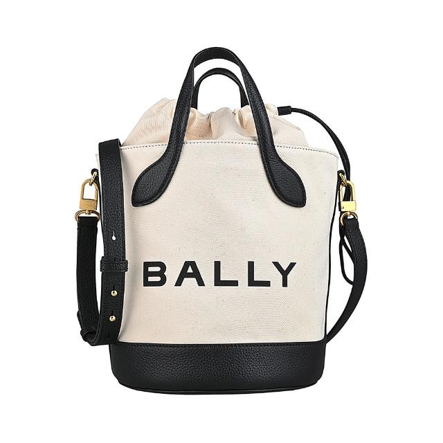 【BALLY】BALLY BAR字母LOGO織物拼皮革束口手提斜背兩用包(米白x黑)
