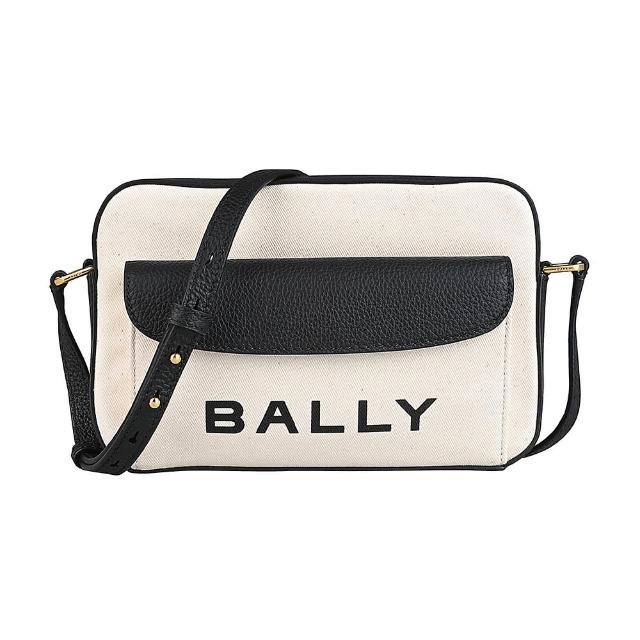 【BALLY】BALLY Bar Daniel字母LOGO織物拼皮革拉鍊斜背方包(米白x黑)