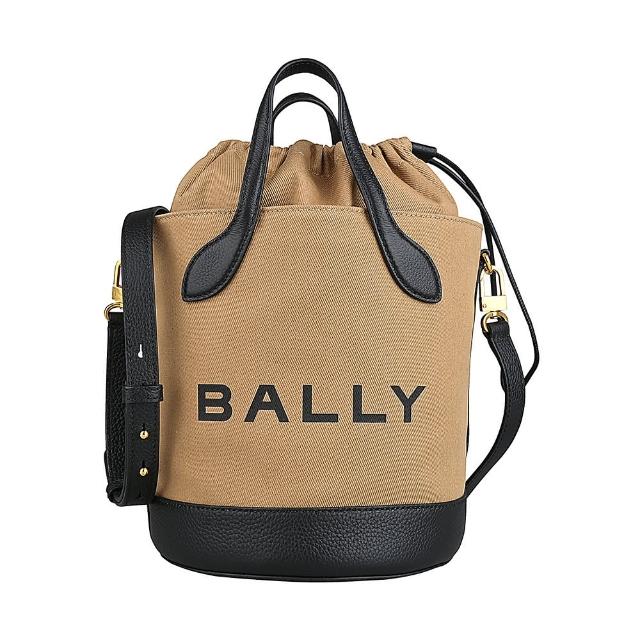 【BALLY】BALLY BAR字母LOGO織物拼皮革束口手提斜背兩用包(沙黃x黑)