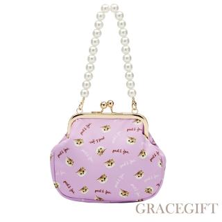 【Grace Gift】PAUL & JOE聯名-貓咪滿版印花珍珠鍊口金包(紫)