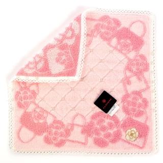 【CLATHAS】山茶花包包造型蕾絲滾邊格紋純綿方巾(粉紅色)
