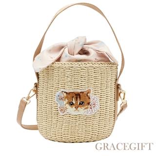 【Grace Gift】PAUL & JOE聯名-小棕貓電繡大頭藤編手提肩背水桶包(粉)
