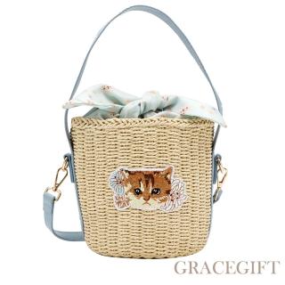 【Grace Gift】PAUL & JOE聯名-小棕貓電繡大頭藤編手提肩背水桶包(淺藍)